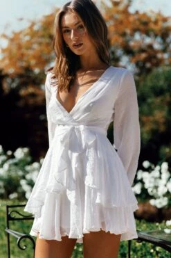 Believe Me Long Sleeve Surplice Neckline Dress White -Bridal Dr. Denim Store 01CM0313V WHITE 5