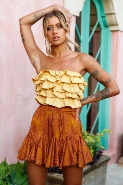 Robyn Flounce Mini Skirt Leaf Pattern Mustard -Bridal Dr. Denim Store 14254B25 S MUSTARD 3 1