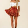 Robyn Flounce Mini Skirt Leaf Pattern Dark Red