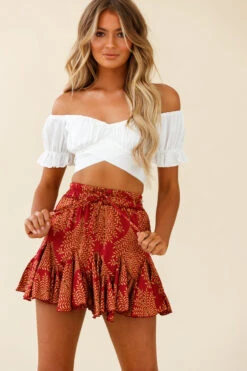 Robyn Flounce Mini Skirt Leaf Pattern Dark Red 9 Robyn Flounce Mini Skirt Leaf Pattern Dark Red -Bridal Dr. Denim Store 14254B25 S RED 4