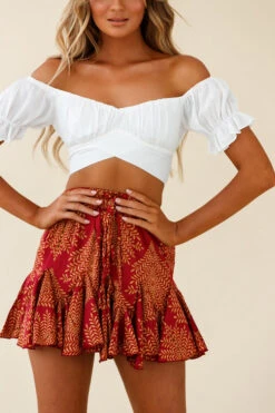 Robyn Flounce Mini Skirt Leaf Pattern Dark Red 11 Robyn Flounce Mini Skirt Leaf Pattern Dark Red -Bridal Dr. Denim Store 14254B25 S RED 6