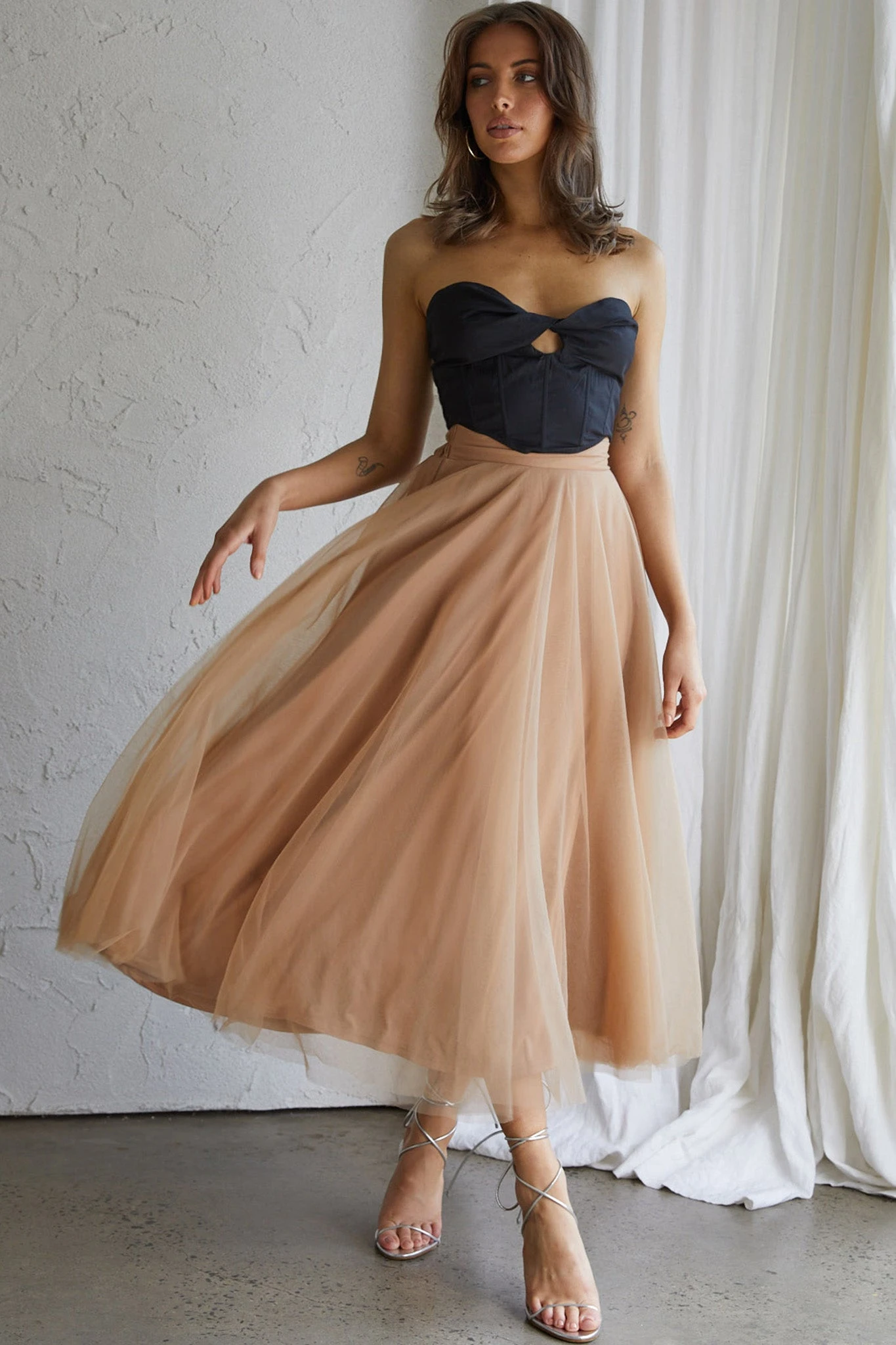 Jasmine Organza Mesh Elasticated Waist Midi Skirt Brown 1 Jasmine Organza Mesh Elasticated Waist Midi Skirt Brown