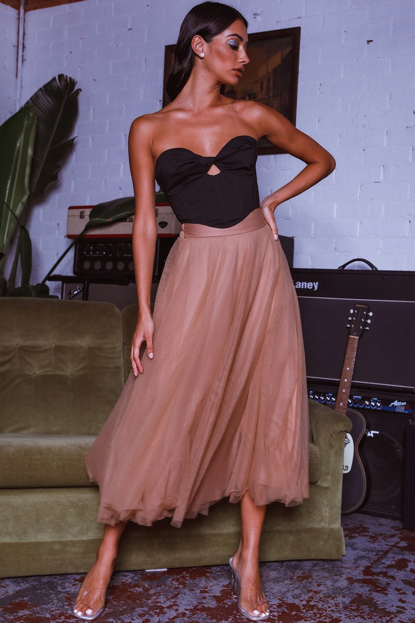 Jasmine Organza Mesh Elasticated Waist Midi Skirt Brown 5 Jasmine Organza Mesh Elasticated Waist Midi Skirt Brown - Image 5