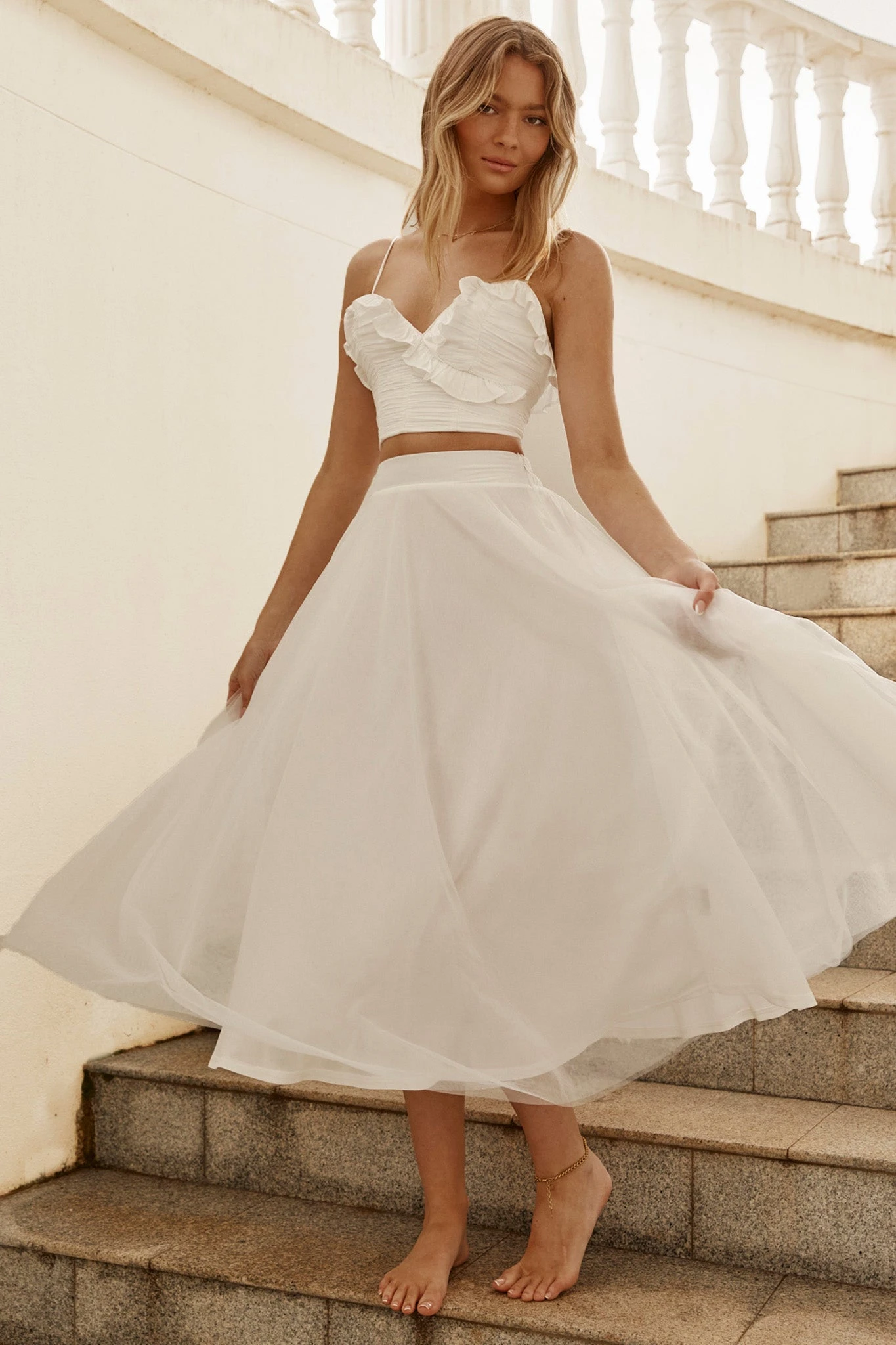 Jasmine Organza Mesh Elasticated Waist Midi Skirt White 1 Jasmine Organza Mesh Elasticated Waist Midi Skirt White