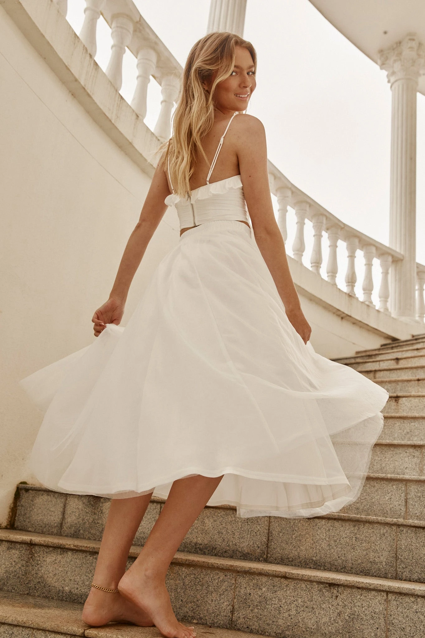 Jasmine Organza Mesh Elasticated Waist Midi Skirt White 2 Jasmine Organza Mesh Elasticated Waist Midi Skirt White - Image 2