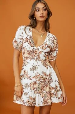 Georgina Ruched Sleeve Tea Dress Floral Bouquet Print White -Bridal Dr. Denim Store 25437D11 WHITE 6