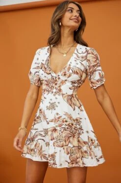 Georgina Ruched Sleeve Tea Dress Floral Bouquet Print White -Bridal Dr. Denim Store 25437D11 WHITE 7