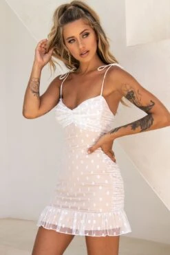 Bambi Ruched Mini Dress Polka Dot White -Bridal Dr. Denim Store 26796B01 WHITE 4
