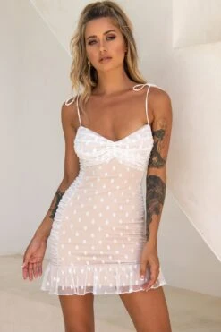 Bambi Ruched Mini Dress Polka Dot White -Bridal Dr. Denim Store 26796B01 WHITE 5