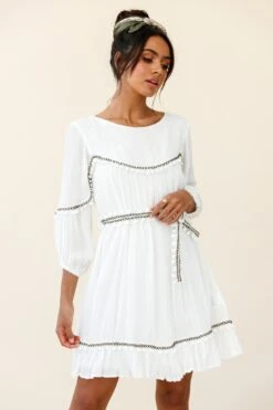 Marionette Three-Quarter Sleeve Pom-Pom Dress White -Bridal Dr. Denim Store 26831B01 WHITE 3