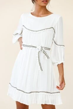 Marionette Three-Quarter Sleeve Pom-Pom Dress White -Bridal Dr. Denim Store 26831B01 WHITE 5