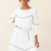 Marionette Three-Quarter Sleeve Pom-Pom Dress White