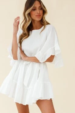 Joni Batwing Sleeve Waist Tie Dress White