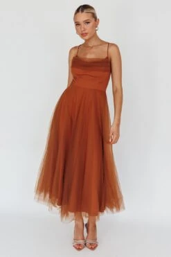 Floating By Pleated Neckline Mesh Midi Dress Brown -Bridal Dr. Denim Store 27460D05 20CHOCOLATE 2