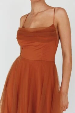 Floating By Pleated Neckline Mesh Midi Dress Brown -Bridal Dr. Denim Store 27460D05 20CHOCOLATE 4