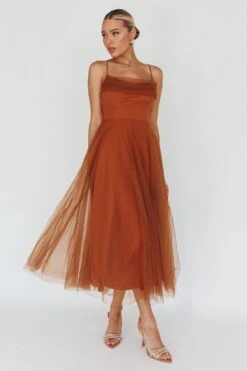 Floating By Pleated Neckline Mesh Midi Dress Brown -Bridal Dr. Denim Store 27460D05 20CHOCOLATE 5