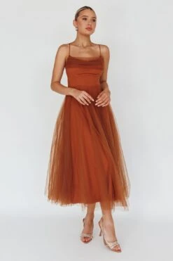Floating By Pleated Neckline Mesh Midi Dress Brown -Bridal Dr. Denim Store 27460D05 20CHOCOLATE 6