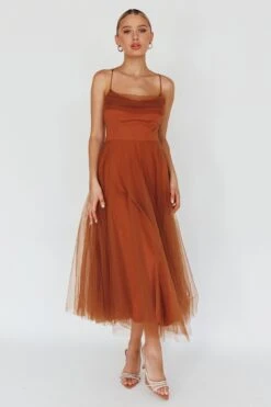 Floating By Pleated Neckline Mesh Midi Dress Brown -Bridal Dr. Denim Store 27460D05 20CHOCOLATE 7