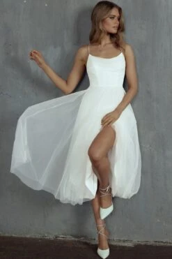 Floating By Pleated Neckline Mesh Midi Dress White 12 Floating By Pleated Neckline Mesh Midi Dress White -Bridal Dr. Denim Store 27460D05 20WHITE 6