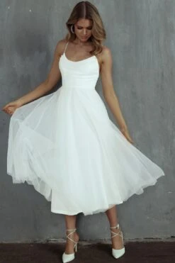 Floating By Pleated Neckline Mesh Midi Dress White 14 Floating By Pleated Neckline Mesh Midi Dress White -Bridal Dr. Denim Store 27460D05 20WHITE 8