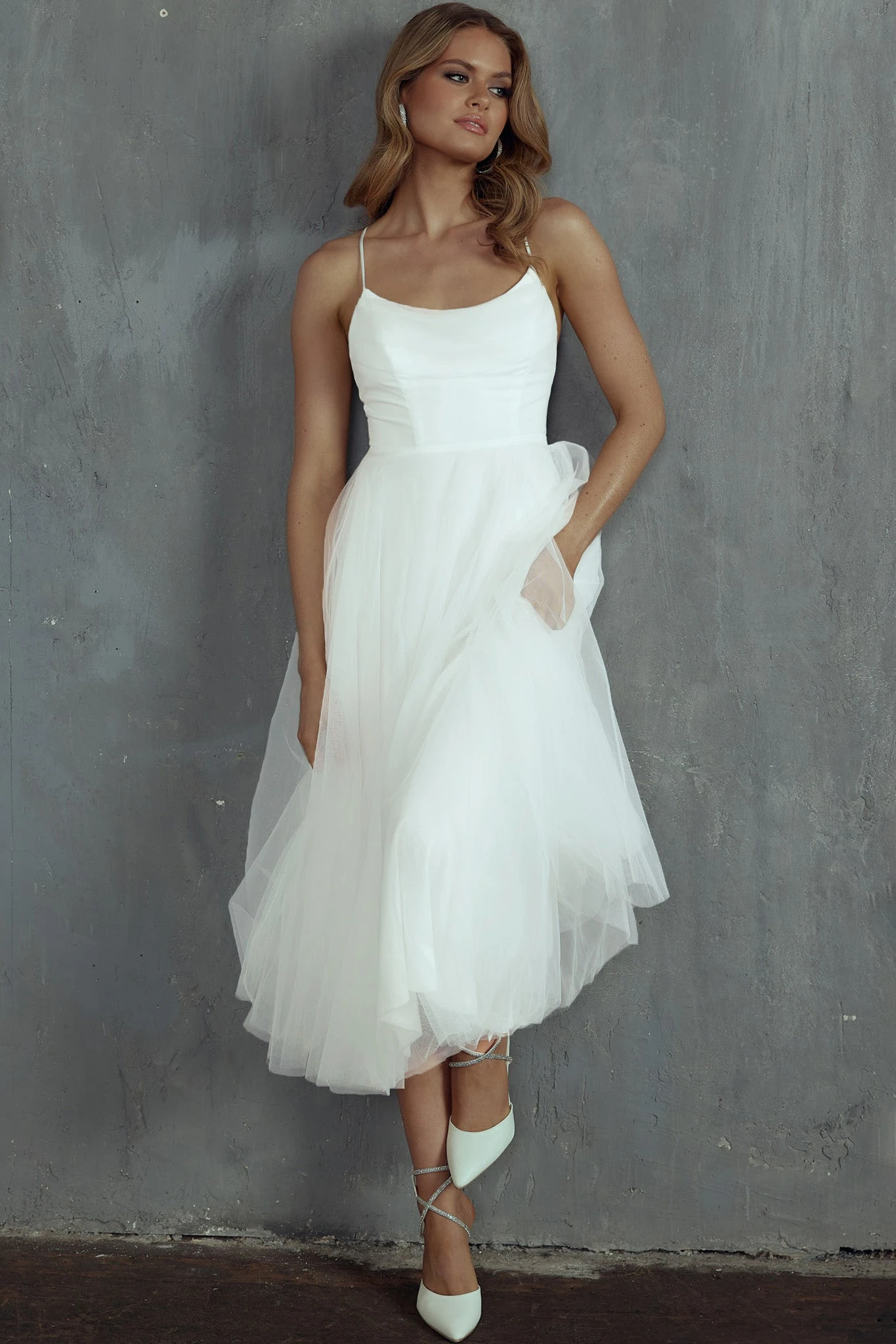 Floating By Pleated Neckline Mesh Midi Dress White 8 Floating By Pleated Neckline Mesh Midi Dress White - Image 8