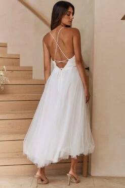 Floating By Plunging Neckline Mesh Overlay Midi Dress White -Bridal Dr. Denim Store 27460D 20WHITE 3