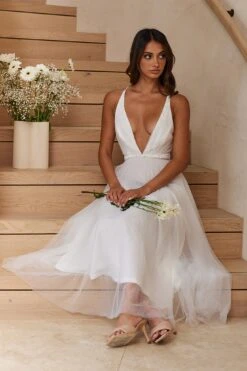 Floating By Plunging Neckline Mesh Overlay Midi Dress White -Bridal Dr. Denim Store 27460D 20WHITE 4