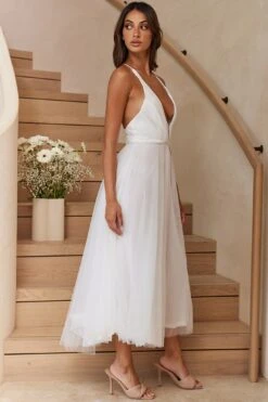 Floating By Plunging Neckline Mesh Overlay Midi Dress White -Bridal Dr. Denim Store 27460D 20WHITE 5