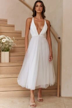 Floating By Plunging Neckline Mesh Overlay Midi Dress White -Bridal Dr. Denim Store 27460D 20WHITE 6