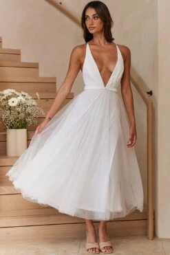 Floating By Plunging Neckline Mesh Overlay Midi Dress White -Bridal Dr. Denim Store 27460D 20WHITE 7