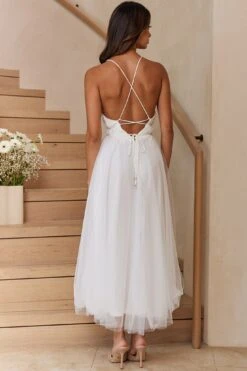 Floating By Plunging Neckline Mesh Overlay Midi Dress White -Bridal Dr. Denim Store 27460D 20WHITE 8