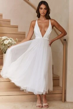 Floating By Plunging Neckline Mesh Overlay Midi Dress White -Bridal Dr. Denim Store 27460D 20WHITE 9