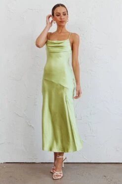Well Versed Pleated Bust Front Split Dress Satin Lime -Bridal Dr. Denim Store 27595D24 20LIME 2