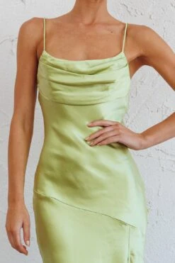 Well Versed Pleated Bust Front Split Dress Satin Lime -Bridal Dr. Denim Store 27595D24 20LIME 4