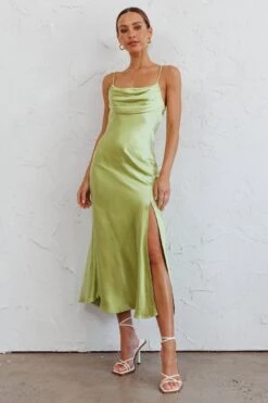 Well Versed Pleated Bust Front Split Dress Satin Lime -Bridal Dr. Denim Store 27595D24 20LIME 5