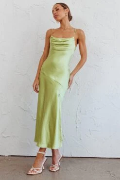 Well Versed Pleated Bust Front Split Dress Satin Lime -Bridal Dr. Denim Store 27595D24 20LIME 6