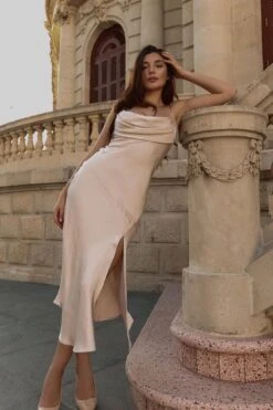 Well Versed Pleated Bust Front Split Dress Champagne -Bridal Dr. Denim Store 27595DCHAMPAGN 2