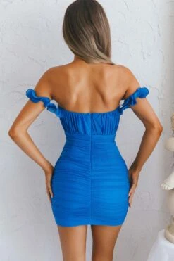 Senorita Off-Shoulder Lettuce Edge Detail Ruched Mini Dress Blue -Bridal Dr. Denim Store 27596DBLUE 7