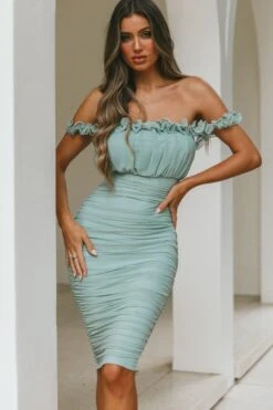 Senorita Off-Shoulder Lettuce Edge Detail Ruched Knee Length Dress Pistachio 11 Senorita Off-Shoulder Lettuce Edge Detail Ruched Knee Length Dress Pistachio -Bridal Dr. Denim Store 27596NS01 20PISTACHIO 4