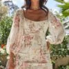 Joie Puff Sleeve Shirred Dress Rose Print White