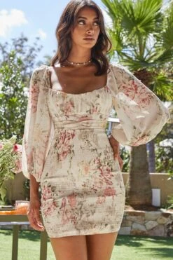 Joie Puff Sleeve Shirred Dress Rose Print White -Bridal Dr. Denim Store 27614DC05 20WHITE 5