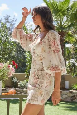 Joie Puff Sleeve Shirred Dress Rose Print White -Bridal Dr. Denim Store 27614DC05 20WHITE 8