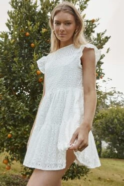 Louise Cap Sleeve Shift Dress Eyelet Embroidery White -Bridal Dr. Denim Store 61954D10 WHITE 6