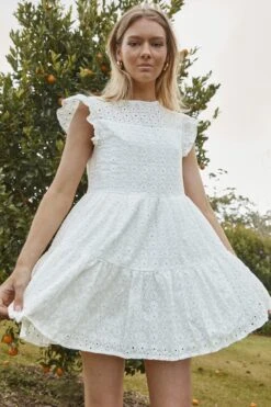 Louise Cap Sleeve Shift Dress Eyelet Embroidery White -Bridal Dr. Denim Store 61954D10 WHITE 8