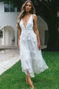 Sheri V-Neckline Embellished Midi Dress White -Bridal Dr. Denim Store 62125BS04 20WHITE 4