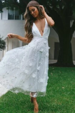 Sheri V-Neckline Embellished Midi Dress White -Bridal Dr. Denim Store 62125BS04 20WHITE 5