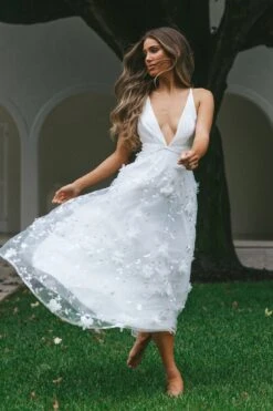 Sheri V-Neckline Embellished Midi Dress White -Bridal Dr. Denim Store 62125BS04 20WHITE 6