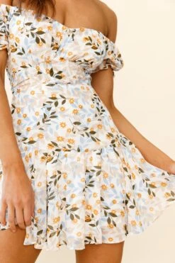 Linka Off-Shoulder Tie Back Fluted Hem Dress Leaf Print Orange/Blue -Bridal Dr. Denim Store 62235BK12 ORANGE BLUE 4