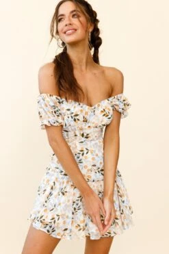 Linka Off-Shoulder Tie Back Fluted Hem Dress Leaf Print Orange/Blue -Bridal Dr. Denim Store 62235BK12 ORANGE BLUE 7