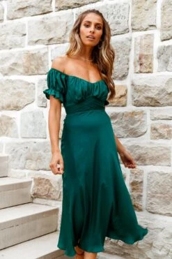 Linka Off-Shoulder Tie Back Midi Dress Forest Green -Bridal Dr. Denim Store 62235BK13 FOREST GREEN 2